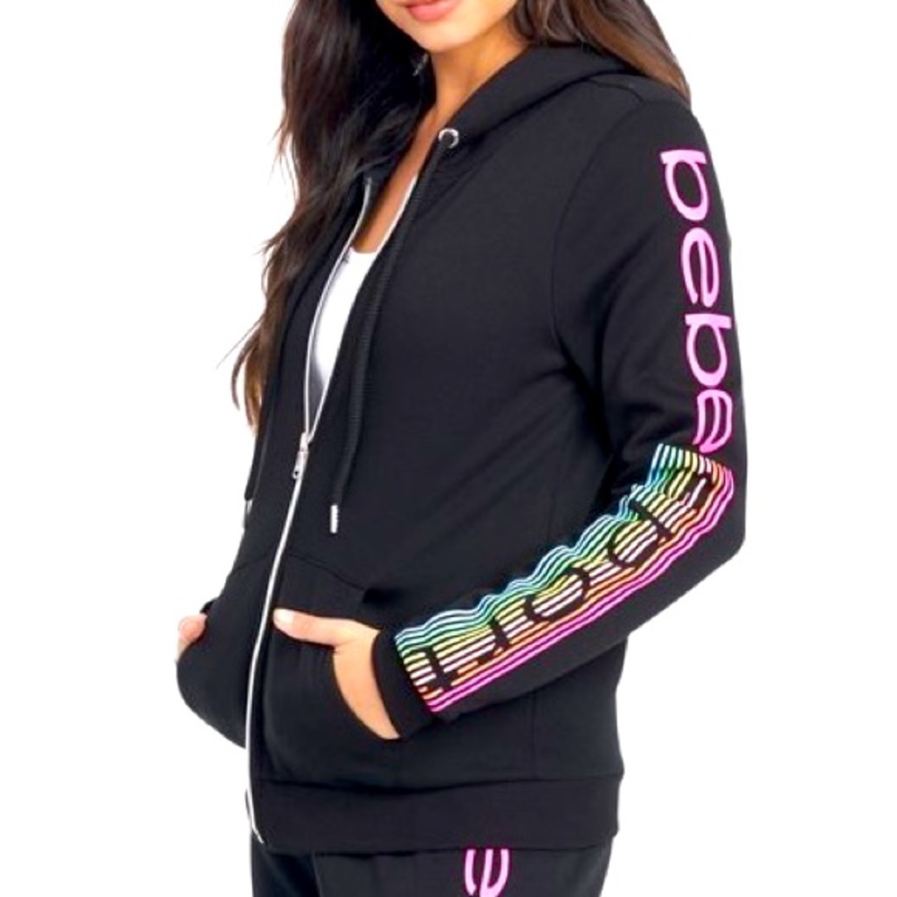 BEBE SPORT Black Zip Up Hoodie 2 Pocket Sweatshirt W/ 🌈 Rainbow Reflector Logo